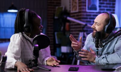 Diverse team of influencers creating channel content on podcast